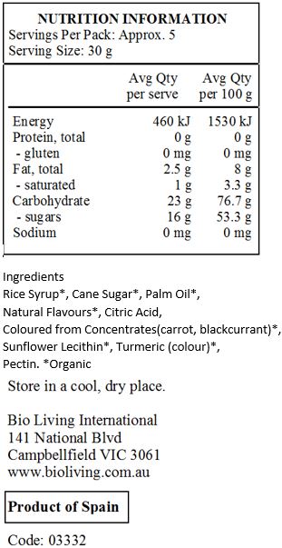 Rice Syrup*, Cane Sugar*, Sustainably Sourced
Palm Oil*, Natural Flavours* (Cherry, Strawberry, Orange, Lemon), Citric Acid, Carrot Concentrate*, Apple Concentrate*, Blackcurrant Concentrate*,
Sunflower Lecithin*, Pectin. *Organic