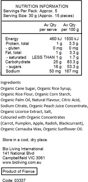 Organic Cane Sugar, Organic Rice Syrup, Organic Rice Flour, Organic Corn Starch, Organic Palm Oil, Natural Flavor, Citric Acid, Sodium Citrate, Organic Peach Juice Concentrate, Organic Licorice Extract, Salt, Colored With Organic Concentrates (Carrot, Pumpkin, Apple, Radish, Blackcurrant), Organic Carnauba Wax, Organic Sunflower Oil.