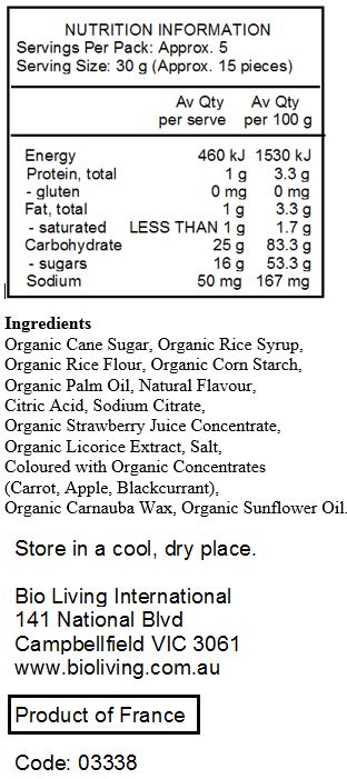 Organic Cane Sugar, Organicrice Syrup, Organic Rice Flour, Organic Corn Starch, Organic Palm Oil, Natural Flavor, Citric Acid, Sodium Citrate, Organic Strawberry Juice Concentrate, Organic Licorice Extract, Salt, Colored With Organic Concentrates (Carrot, Apple, Blackcurrant), Organic Carnauba Wax, Organic Sunflower Oil.
