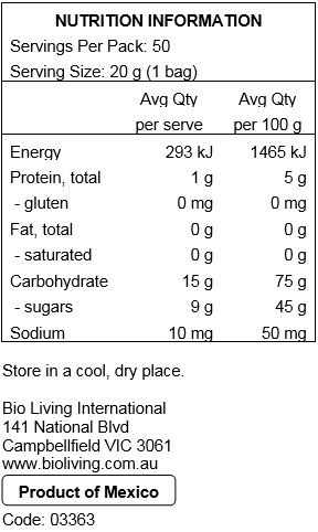 Organic Brown Rice Syrup, Organic Cane Sugar, Dextrose, Gelatine, Organic Tapioca Starch, White Grape Juice Concentrate, Citric Acid, Natural Flavours, Ascorbic Acid, Organic Sunflower Oil, Organic Carnauba Wax, Coloured with Concentrate (Carrot, Blueberry, Purple Carrot), Saffron (Colour), Annatto (Colour). 