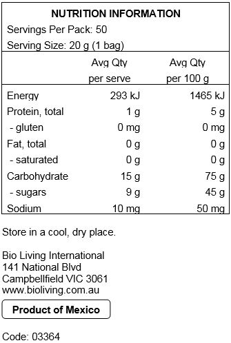 Organic Brown Rice Syrup, Organic Cane Sugar, Dextrose, Gelatine, Organic Tapioca Starch, White Grape Juice Concentrate, Citric Acid, Natural Flavours, Ascorbic Acid, Organic Sunflower Oil, Organic Carnauba Wax, Coloured with Concentrate (Carrot, Blueberry, Purple Carrot), Saffron (Colour), Annatto (Colour). 