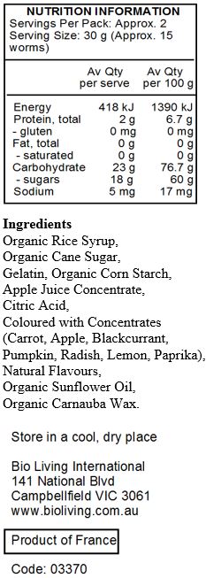 Organic Brown Rice Syrup, Organic Cane Sugar, Dextrose, Gelatine, Organic Tapioca Starch, White Grape Juice Concentrate, Citric Acid, Natural Flavours, Ascorbic Acid, Organic Sunflower Oil, Organic Carnauba Wax, Coloured with Concentrate (Carrot, Blueberry, Purple Carrot), Saffron (Colour), Annatto (Colour). 