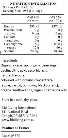 Organic rice syrup, organic can sugar, pectin, citric acid, ascorbic acid, natural flavours, organic colour from concentrate (apple, carrot, pumpkin, blackcurrant), organic sunflower oil, organic carnauba wax.