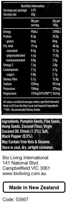 Pumpkin Seeds, Flax Seeds, Hemp Seeds, Coconut Flour, Virgin Coconut Oil, Chive (1.3%), Salt, Cracked Pepper (0.3%).

May Contain Tree Nuts & Sesame.