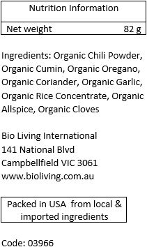 Organic Chili Powder, Organic Cumin, Organic Oregano, Organic Coriander, Organic Garlic, Silicon Dioxide, Organic Allspice, Organic Cloves. 