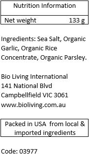 Sea Salt, organic garlic, silicon dioxide, organic parsley.