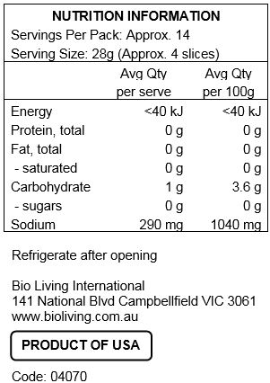 Organic cucumbers, water, organic vinegar, salt, contains less than 2% of dehydrated organic garlic, calcium chloride, natural flavors (contains mustard), organic gum Arabic, organic turmeric extract (color).