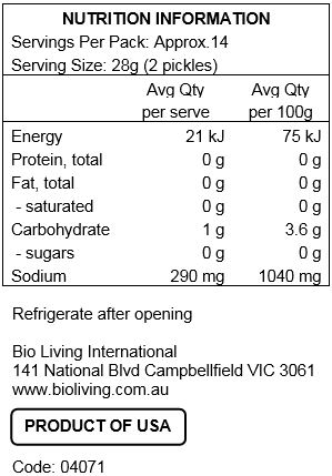 Organic cucumbers, water, organic vinegar, salt, contains less than 2% of dehydrated organic garlic, calcium chloride, natural flavors (contains mustard), organic gum arabic, organic turmeric extract (color).