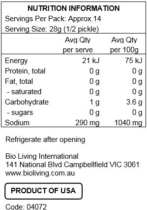 Organic cucumbers, water, organic vinegar, salt, contains less than 2% of dehydrated organic garlic, calcium chloride, natural flavors (contains mustard), organic gum arabic, organic turmeric extract (color).