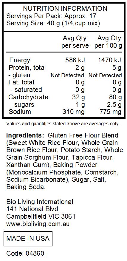 Gluten Free Flour Blend (Sweet White Rice Flour, Whole Grain Brown Rice Flour, Potato Starch, Whole Grain Sorghum Flour, Tapioca Flour, Xanthan Gum), Baking Powder (Monocalcium Phosphate, Cornstarch, Sodium Bicarbonate), Sugar, Salt, Baking Soda.