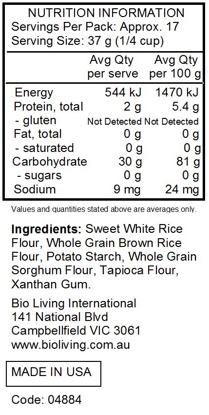 Sweet White Rice Flour, Whole Grain Brown Rice Flour, Potato Starch, Whole Grain Sorghum Flour, Tapioca Flour, Xanthan Gum.