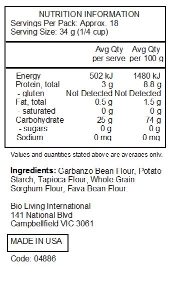 Garbanzo bean flour, potato starch, tapioca flour, whole grain sweet white sorghum flour, fava bean flour *Manufactured in a facility that also uses tree nuts and soy*