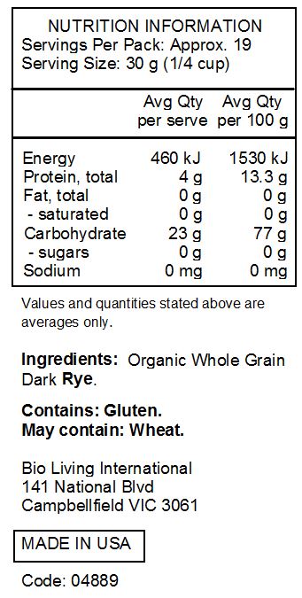 Organic Whole Grain Dark Rye.
<br>
Contains: Gluten.
May contain: Wheat.