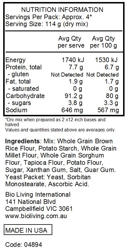 Mix: Whole Grain Brown Rice Flour, Potato Starch, Whole Grain Millet Flour, Whole Grain Sorghum Flour, Tapioca Flour, Potato Flour, Sugar, Xanthan Gum, Salt, Guar Gum. Yeast Packet: Yeast, Sorbitan Monostearate, Ascorbic Acid.