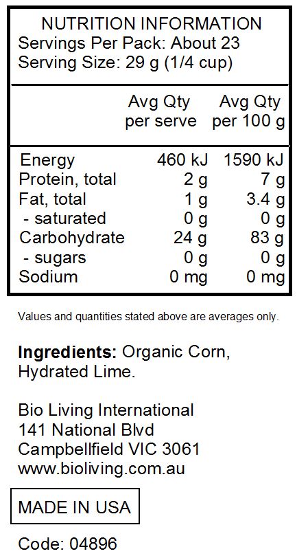 Organic Corn, Hydrated Lime.