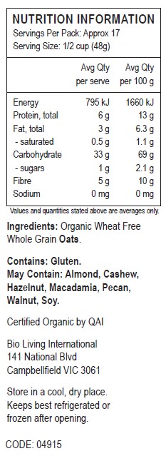 Organic Wheat Free Whole Grain Oats.
<br>
Contains: Gluten.  
May contain: Almond, Cashew, Hazelnut, Macadamia, Pecan, Walnut, Soy.