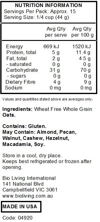 Wheat Free Whole Grain Oats.
<br>
Contains: Gluten.