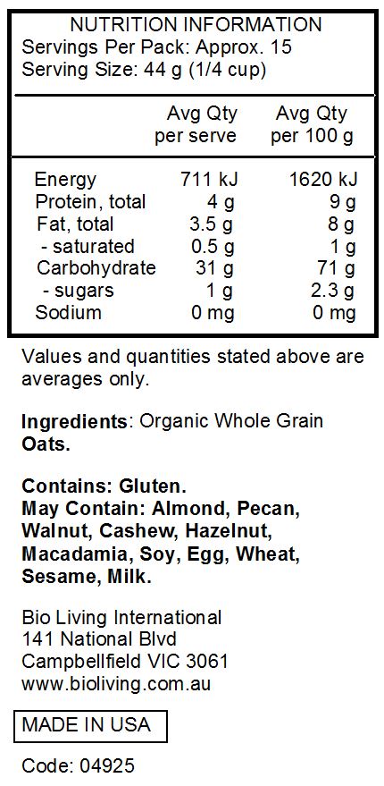Organic Whole Grain Oats.
<br>
Contains: Gluten.
