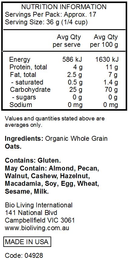 Organic Whole Grain Oats.
<br>
Contains: Gluten.