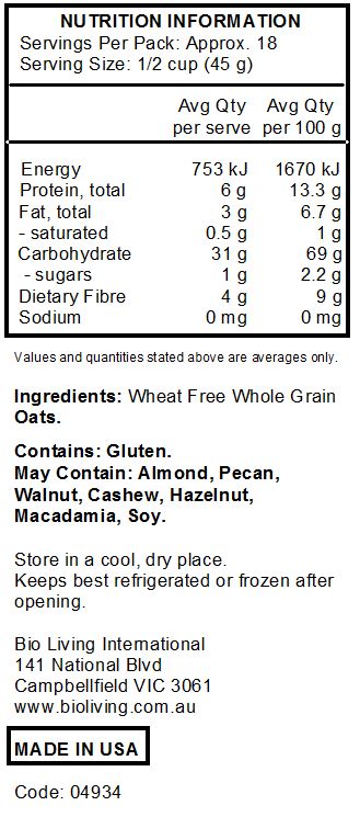Wheat Free Whole Grain Oats.
<br>
Contains: Gluten.