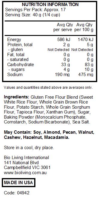 Potato starch, whole grain sweet white sorghum flour, tapioca flour, whole grain corn flour, evaporated cane juice, baking powder (sodium acid pyrophosphate, sodium bicarbonate, corn starch, monocalcium phosphate), baking soda, sea salt (magnesium carbonate as flowing agent), xanthan gum *Manufactured in a facility that also uses tree nuts and soy*