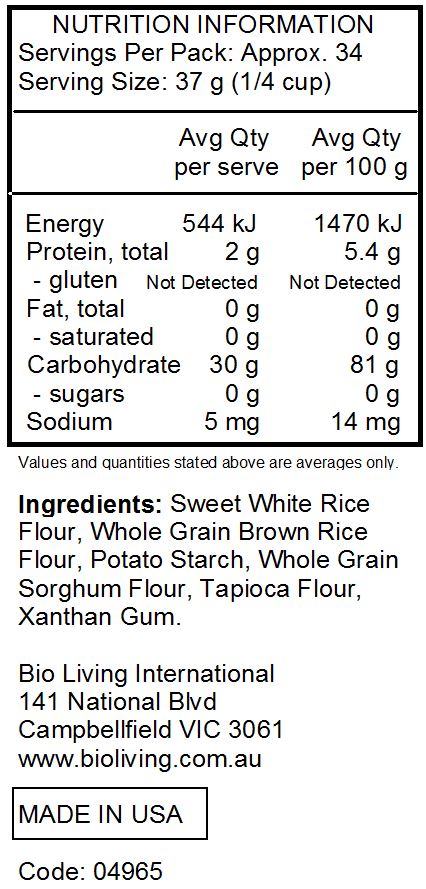 Sweet White Rice Flour, Whole Grain Brown Rice Flour, Potato Starch, Whole Grain Sorghum Flour, Tapioca Flour, Xanthan Gum.