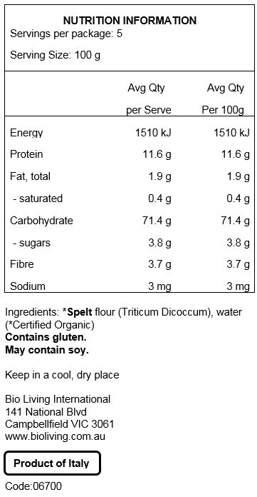 Spelt (triticum dicoccum) flour (100% Organic). May contain traces of soy.