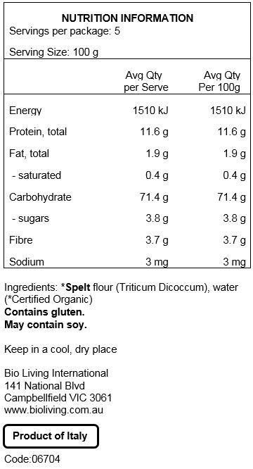 Spelt (triticum dicoccum) flour (100% Organic). May contain traces of soy.