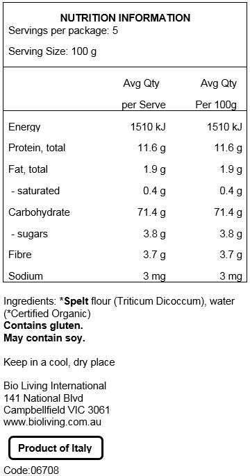 Spelt (triticum dicoccum) flour (100% Organic). May contain traces of soy.