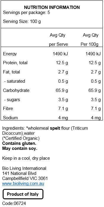 Semi-wholemeal spelt flour (Triticum dicoccum)*, water. May contain traces of soy.
*Organic