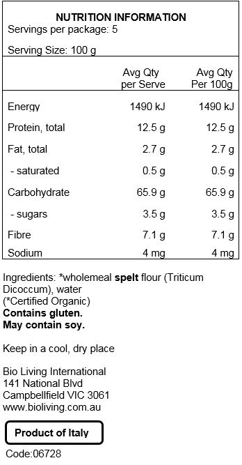 Semi-wholemeal spelt flour (Triticum dicoccum)*, water. May contain traces of soy.
*Organic