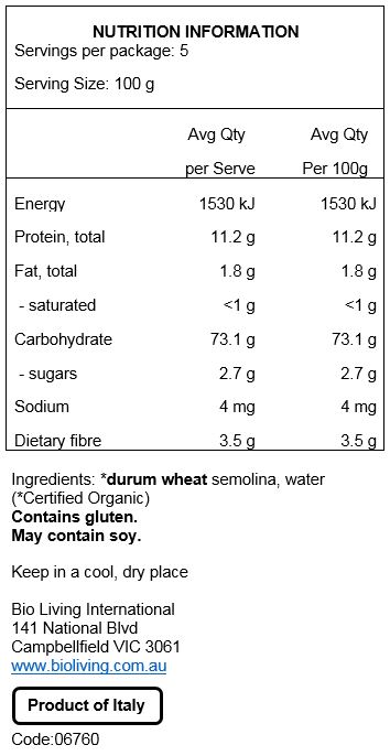 Durum wheat semolina (100% Organic). May contain traces of soy.