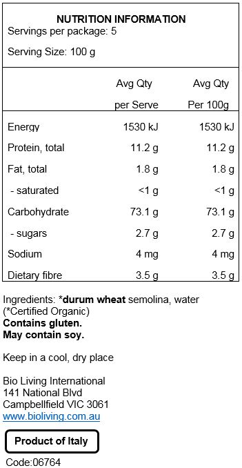 Durum wheat semolina (100% Organic). May contain traces of soy.