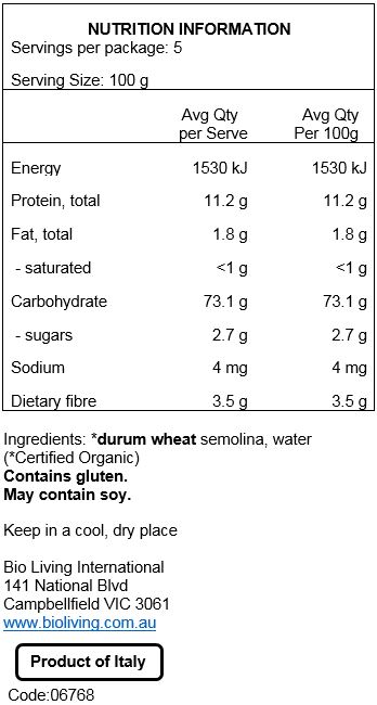 Durum wheat semolina (100% Organic). May contain traces of soy.