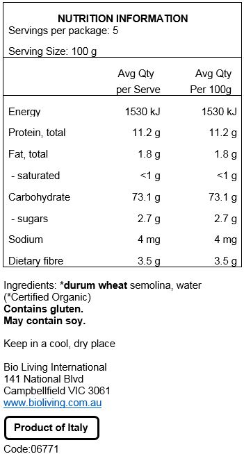 Durum wheat semolina (100% Organic). May contain traces of soy.
