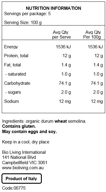 Organic durum wheat semolina. Do contain gluten & eggs.