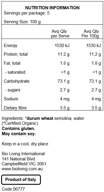 Durum wheat semolina (100% Organic). May contain traces of soy.