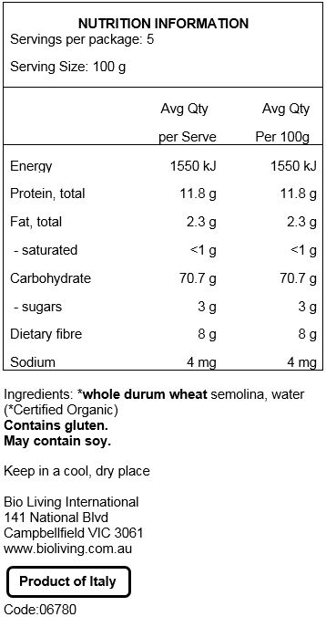 Durum whole wheat semolina (100% Organic). May contain traces of soy.