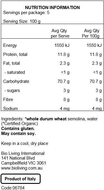 Durum whole wheat semolina (100% Organic). May contain traces of soy.