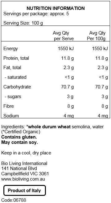 Durum whole wheat semolina (100% Organic). May contain traces of soy.