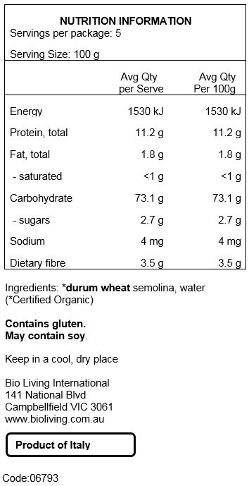 Organic durum wheat semolina, water