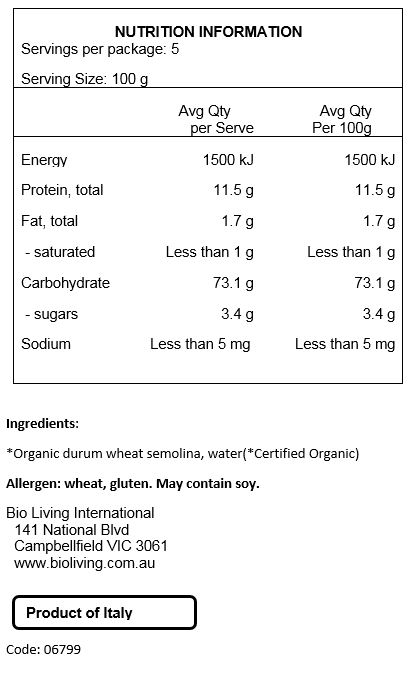 Organic Durum Wheat Semolina, Water