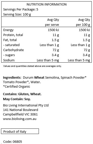 Organic durum wheat semolina, organic dehydrated tomato 0,7%, organic dehydrated spinach 0,7%