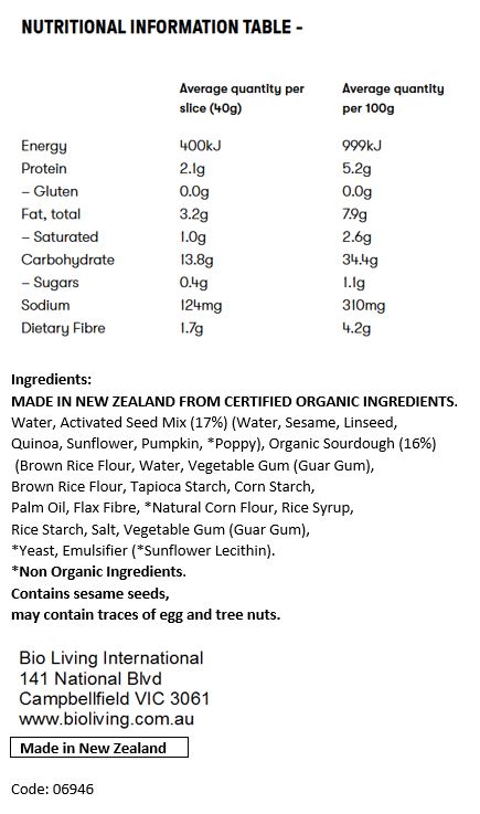 Water, Activated Seed Mix (17%) (Water, Sesame, Linseed, Quinoa, Sunflower, Pumpkin, Poppy), Organic Sourdough (16%) (Brown Rice Flour, Water, Vegetable Gum (Guar Gum)), Brown Rice Flour, Tapioca Starch, Corn Starch, Palm Oil, Flax Fibre, *Natural Corn Flour, Rice Syrup, Rice Starch, Salt, Vegetable Gum (Guar Gum), *Yeast, Emulsifier (*Sunflower Lecithin). *Non Organic Ingredients. 
<br>
Contains Sesame Seeds. May contain traces of Egg and Tree Nuts
