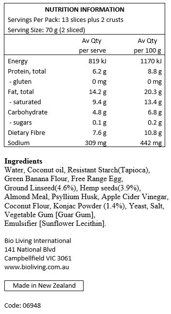 Water, Coconut oil, Modified Tapioca Starch [1412], Green Banana Flour, Free Range Egg White Powder, Ground Linseed, Hemp seeds, Almond Meal, Fiber [Psyllium Husk], Apple Cider Vinegar, Coconut Flour, Konjac Flour (1.2%), Yeast, Salt, Vegetable Gum [Guar Gum], Free Range Whole Egg Powder, Emulsifier [Sunflower Lecithin]