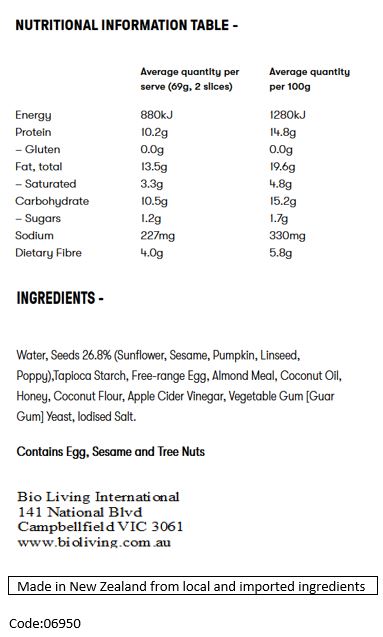 Water, Seeds (27.5%) (Sunflower, Sesame, Pumpkin, Linseed, Poppy), Free range egg, Tapioca Starch, Almond meal, Coconut oil, Honey, Coconut flour, Cider vinegar, Vegetable gum (Guar gum), Yeast, Salt.
Contains Egg, Sesame, Tree nuts.