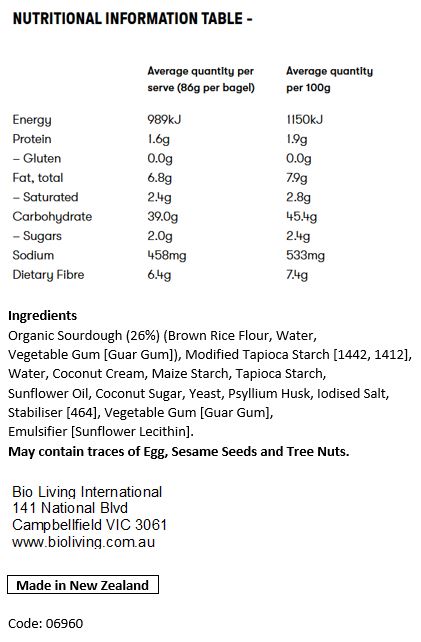 Organic Sourdough (27%) (Brown Rice Flour, Water, Vegetable Gum [Guar Gum]), Modified Tapioca Starch [1442, 1412], Water, Coconut Cream, Maize Starch, Tapioca Starch, Sunflower Oil, Coconut Sugar, Yeast, Psyllium Husk, Iodised Salt, Stabiliser [464], Vegetable Gum [Guar Gum], Emulsifier [Sunflower Lecithin].

May contain traces of Egg, Sesame and Almond.
