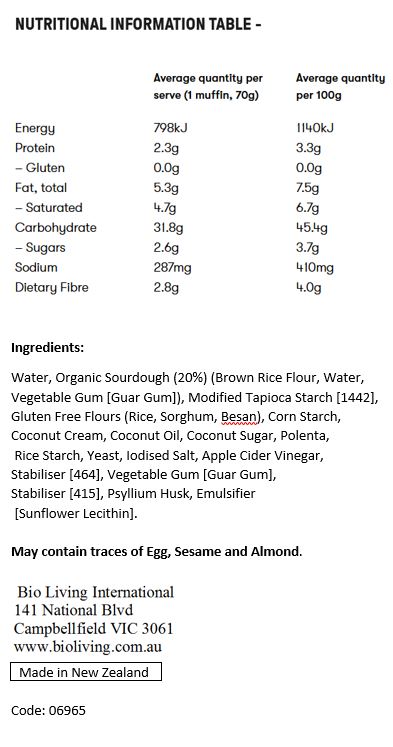 Water, Organic Sourdough (20%) (Brown Rice Flour, Water, Vegetable Gum [Guar Gum]), Modified Tapioca Starch [1442], Gluten Free Flours (Rice, Sorghum, Besan), Corn Starch, Coconut Cream, Coconut Oil, Coconut Sugar, Polenta, Rice Starch, Yeast, Iodised Salt, Apple Cider Vinegar, Stabiliser [464], Vegetable Gum [Guar Gum], Stabiliser [415], Psyllium Husk, Emulsifier [Sunflower Lecithin].
May contain traces of Egg, Sesame and Almond.
