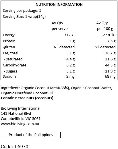 Ingredients: Organic coconut meat, organic coconut water, unrefined coconut oil