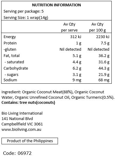 Organic coconut meat, organic coconut water, unrefined coconut oil and turmeric.